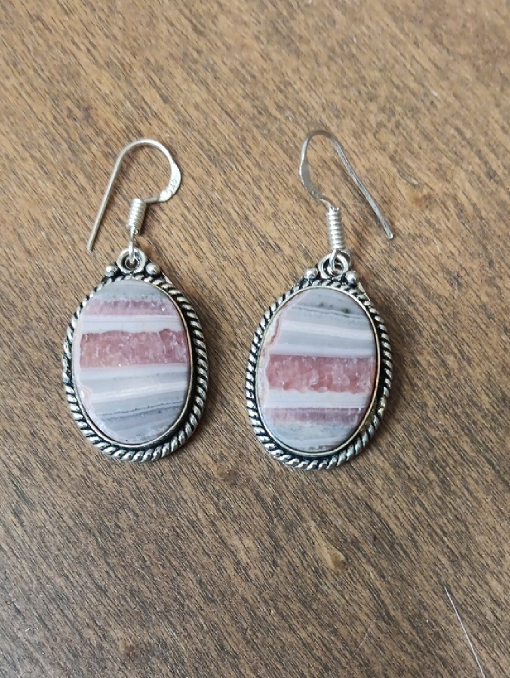 Sterling-Style Pink Rhodochrosite Oval Drop Earrings
